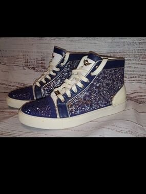Indigo and White Embellished High-Top Sneakers